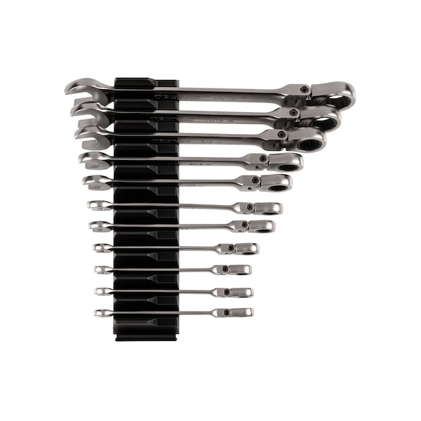 11pc Flex Head 12-Point Ratcheting Combination Wrench Set w/ Modular Wrench Organizer (1/4-3/4 in)